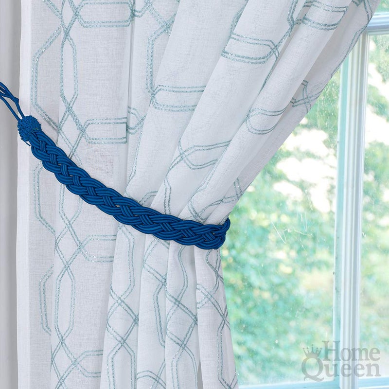 Home Queen Hand Braided Curtain Tie Back  Buckle Holdback Drapery Curtain Tiebacks  2 Rope Belt Curtain Tie with 2 Metal Hooks  Navy - Image 2